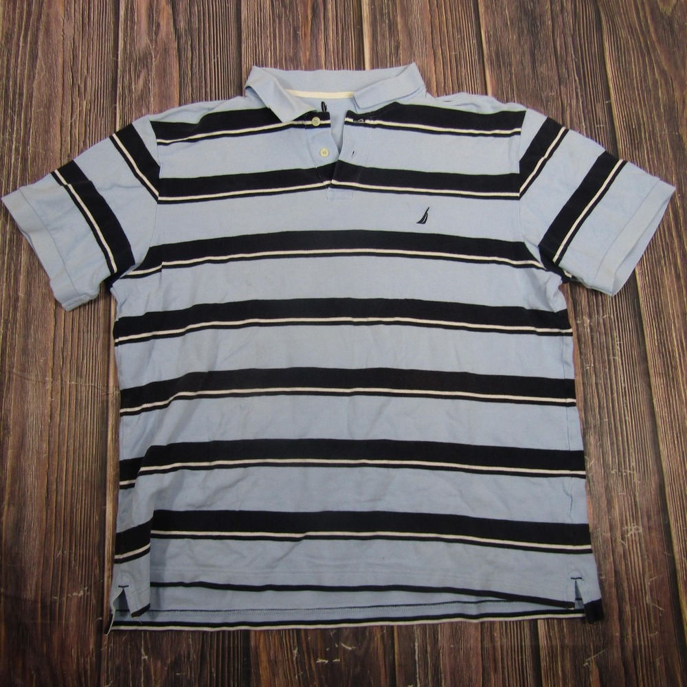 Nautica Polo Shirt Mens Large Blue Striped Cotton Logo Casual Short Sleeve